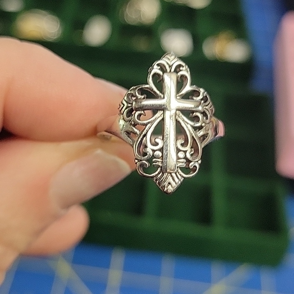 Cross Silver Tone Ring